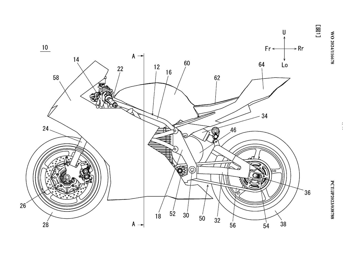 Yamaha electric sportbike style motorcycle patent illustration